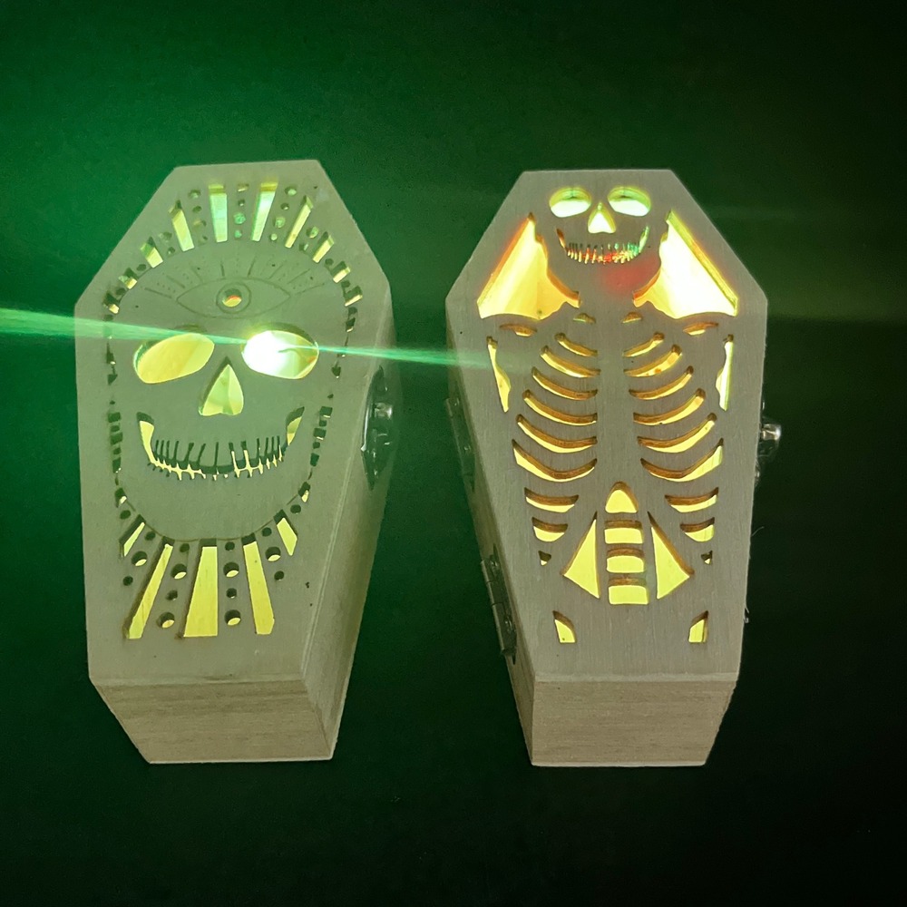 Wood Coffin Trinket Boxes LED Color Changing Skull Skeleton Halloween Decor 2pc - Picture 3 of 11